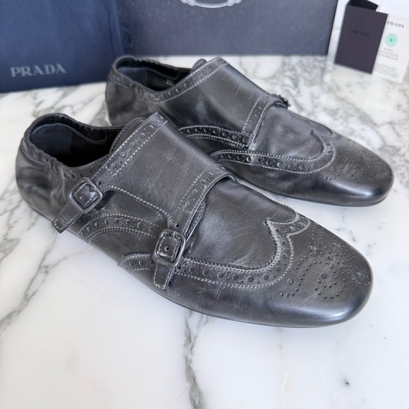 Prada 2EG469 Mens Leather Double Monk Strap Wingtip Shoes Grey Black UK 8.5 main image 10
